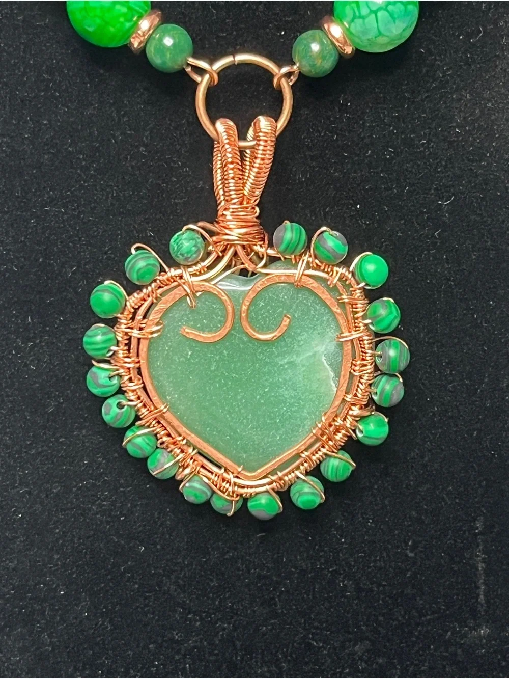 Green Dyed Agate Copper Wire Wrapped Heart Pendant Necklace with Earrings 18”